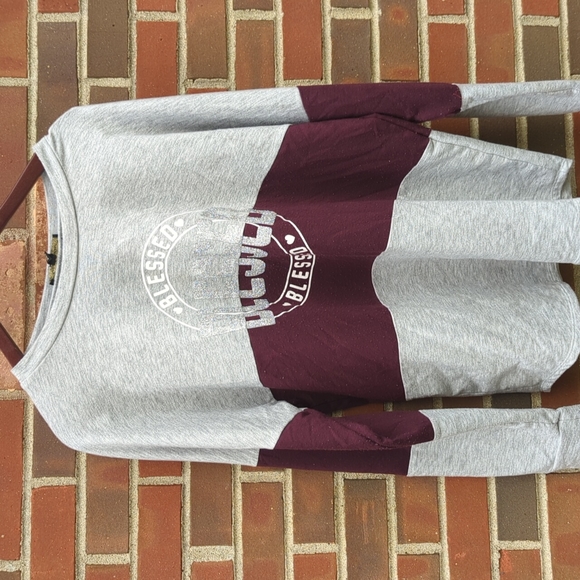 RAGS TO RICHES " Blessed" Gray and Maroon Sweatshirt XL Oversized comfortable - Picture 2 of 6